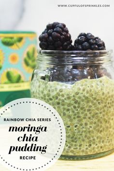 a glass jar filled with chia pudding next to a box of chocolate chip cookies