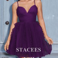 Stacees Grape A-Line, V Neck Sleeveless, Short/Mini Tulle Homecoming Dress With Pleated Ruffles. Adorable. Never Worn, Only Tried On. Tags Attached. Measurements: Bust 34” Waist: 27.5”, Waist To Hem: 15” Entire Length Including Straps: 29” See Photos. Homecoming, Prom, Special Occasion, Formal Tulle Dress Prom, Dark Purple Prom Dress, Mini Tulle Dress, Purple Short Dress, Dress Sites, Affordable Outfits, Fancy Clothes, Tulle Homecoming Dress, Hoco Dress