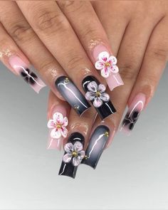 Black Flower Nails, Pink Ombre Nails, Short Acrylic Nails Designs