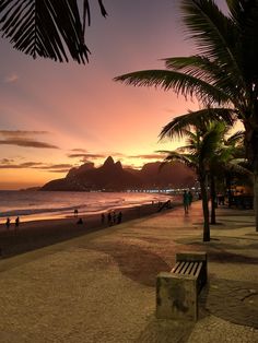 people are walking on the beach at sunset