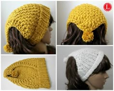 four pictures of different hats made from yarns and crochet, including one with a pom - pom on the top