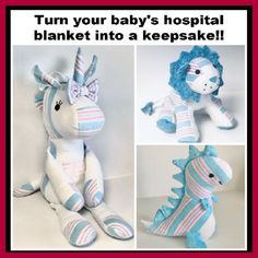 the stuffed animal is blue and white with pink stripes