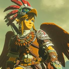 a woman dressed in armor with an eagle on her shoulder and large wings above her head