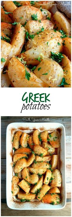 two pictures with different types of food in them and the words greek potatoes on top