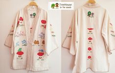 "Hand embroidery robe cardigan, mushroom, insect, animal, cactus, paisley, world travel - Made to Order Please message us about what pattern you want. Note Chest 44-48\" Length 31\" Pre-order duration 40-50 days *Please let us know if you have any questions, thank you.* ----------------------------------------- About Us Hello, we are 'TreeHouse In The Woods' hand embroidery items. We presented you with lovely original designs and crafted them with the utmost care. We can also do custom design especially for you. Then we will list them on Etsy so you can pay via Etsy's payment system. Please let us know the details." Beige Embroidered Cotton Cardigan, Embroidery Items, Embroidery Kit, World Travel, Hand Embroidery Designs, Embroidery Kits, In The Woods, Embroidery Art, Pre Order