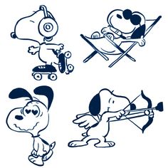 four cartoon dogs playing with toys and skateboards, one is riding on a sled