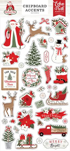 christmas stickers are shown in red, white and green with santa's sleigh