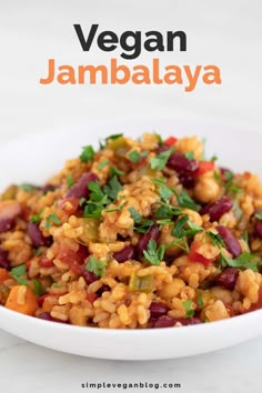 vegan jambaalaya in a white bowl with the title overlay above it