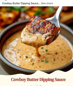 cowboy butter dipping sauce in a bowl with a spoon scooping up some food from it