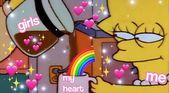 the simpsons character is holding a cup with hearts on it and rainbows in the background