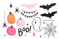 halloween clipart set with bats, pumpkins and spiderwetches on white background