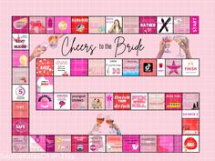 a pink board game with the words queens to the brid on it and images of women holding wine glasses