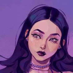 a drawing of a woman with long black hair and purple eyeshades wearing jewelry