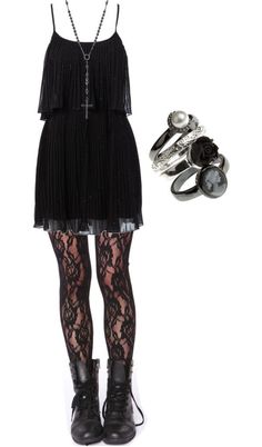 Dress And Boots, Punk Outfits, Black Lace Dress, Gothic Outfits, Glam Rock, Dark Fashion, Polyvore Outfits