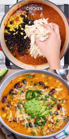 two pictures side by side showing the process of making mexican chicken soup