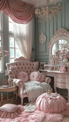 a bedroom with pink furniture and chandelier in the corner is decorated in pastel colors