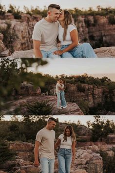 two people are sitting on rocks and one is holding a baby