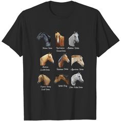 a black t - shirt with different types of horses on it