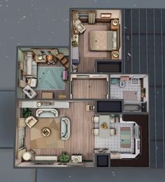 an overhead view of a floor plan with furniture