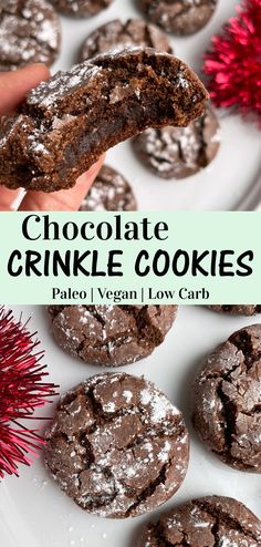 chocolate crinkle cookies on a white plate with red sprinkles in the background