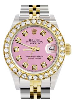 Womens Diamond Gold Rolex Watch | 1 Carat Bezel | 26Mm | Pink Dial | J – FrostNYC Pink Diamond Watch With Diamond Hour Markers, Formal Pink Diamond Watch With Diamond Hour Markers, Pink Round Diamond Watch For Formal Occasions, Pink Diamond Watch For Formal Occasions, Luxury Pink Watch For Anniversary, Xo Jewelry, Mens Diamond Bracelet, Rolex Women, Gold Rolex