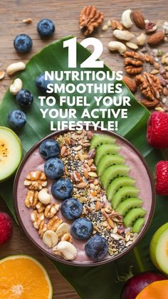 a bowl filled with fruit and nuts on top of a green leaf next to other fruits