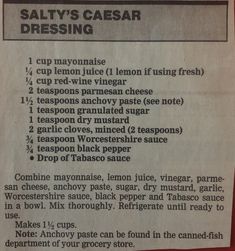 a menu listing the ingredients and instructions for salads caesar's dressing, including lemon juice