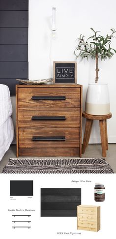 an image of a dresser with drawers in the middle and other items on it next to a plant