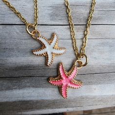 "Beautiful gold starfish enamel charm necklace. Charm is alloy with enamel and light gold plating. 13 mm x 17 mm in size. Available in pink or white. 18\" stainless steel gold plated chain. *each additional item ships for only $1" Pink Starfish Charm Jewelry, White Star-shaped Jewelry With Starfish Charm, Pink Starfish Jewelry For Gift, Pink Star Jewelry With Starfish Charm, Pink Star-shaped Jewelry With Starfish Charm, White Starfish Charm Necklace, White Starfish Necklace With Starfish Charm, Gold Enamel Star Jewelry, Starfish Charm Necklace Perfect For Gifts