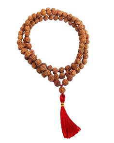 This simple hand-crafted mala featuring a deep red tassel, is made of 108 knotted Rudraksha seed beads and is perfect for your everyday ritual and mediation. Legend has it that the first Rudraksha seeds were created from tears of Lord Shiva as they fell on the earth and formed into a tree. Rudraksha seeds have wonderful spiritual and medicinal properties and, you can feel their power as you count through the beads one by one to recite your chosen mantra or intention. The number 108 holds spiritu Hand-strung Spiritual Mala For Meditation, Spiritual Hand-strung Mala For Meditation, Holistic Mala With 108 Beads For Meditation, Adjustable Holistic Mala For Meditation, Spiritual 108 Beads Mala For Yoga, Holistic Beaded Mala For Meditation, Holistic Hand-strung Mala As Gift, Spiritual Mala With Round Beads For Yoga, Spiritual Mala For Yoga With Round Beads