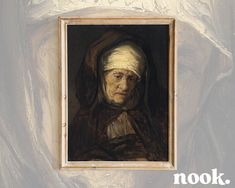 an old woman with a white headband is shown in a painting on the wall