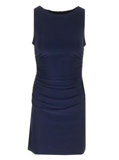 Mini dress with gathered waist in blue stretch polyester from Norma Kamali. Formal Dress With Ruched Bodice In Elastane, Formal Dress With Ruched Bodice And Elastane, Elastane Bodycon Dress With Ruched Bodice, Sleeveless Ruched Elastane Dress, Elegant Knee-length Dress With Gathered Waist, Bodycon Dress With Ruched Bodice In Elastane, Elegant Mini Dress With Ruched Sides And Fitted Bodice, Ruched Sleeveless Dress With Fitted Waist, Flattering Formal Dresses In Elastane