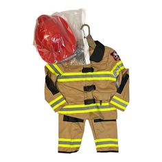 a fireman's uniform is shown with a red helmet and an umbrella in it