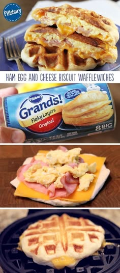 three pictures with different types of waffles on them and the words, ham egg and cheese biscuit wafflewichs