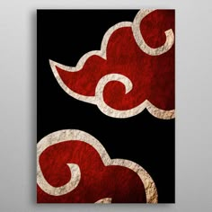 a red and black painting with white swirls on it