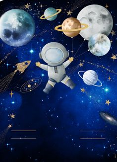 an astronaut floating in the sky surrounded by planets and stars, as well as other objects