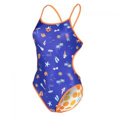 a woman's swimsuit with an orange and blue design