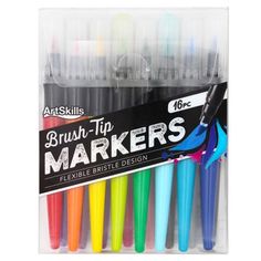 six different colored markers in a package with the words brush - tip markers on it