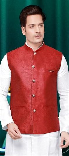 Red and Maroon color Nehru Jacket in Jute fabric with Thread work Luxury Red Nehru Jacket For Ceremonial Occasions, Jute Fabric, Nehru Jacket, Nehru Jackets, Thread Work, Maroon Color, Super Sale, Thread, Red