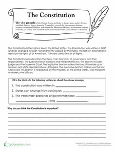 Worksheets: The Constitution Constitution Of The United States, United States Constitution, Social Studies Worksheets, Social Studies Classroom, The Constitution, Check And Balance, School Worksheets