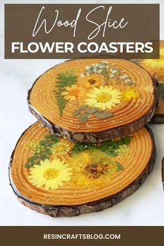 three wooden slices with flowers painted on them and the words wood slice flower coasters