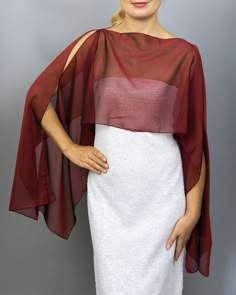 A very elegant and luxury cape shrug for your wedding dress ir evening dress made of the finest chiffon Color: deep red / burgundy Size : unique More colors available, please ask. Dress Coverup Ideas, Comunion Dress, Evening Dress Patterns, Shrug For Dresses, Chiffon Kimono, Chiffon Wrap, Dress With Shawl, Evening Dresses With Sleeves, Red Dress Maxi