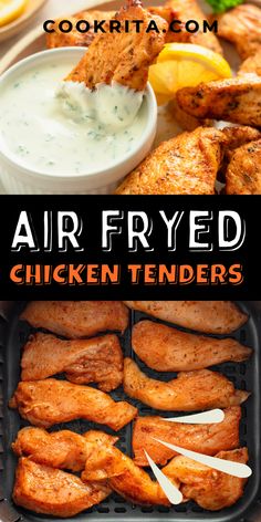 air fried chicken tenders with ranch dressing in the background and text overlay that reads, air fried chicken tenders