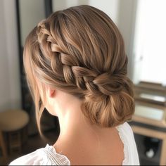 Dutch Braid Updo Bridesmaid Updos For Medium Hair With Braid, Bridesmaid Updo For Medium Length Hair, Short Braided Updo, Bridesmaid Hair Simple Updo, Updo Bun With Braid, Bridesmaid Hairstyles Short Hair Updo, Braid And Bun Updo, Plaited Up Do Hairstyles, Bride Updo With Braid