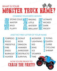 a monster truck birthday party game with the words, what is your monster truck name?