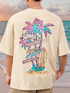 Manfinity VCAY Men Light Breathable Knitted Casual Hawaiian T-Shirt, Suitable For Beach Vacation And Surfing, With Coconut Tree & Letter Print, Summer Beachwear | SHEIN USA Hawaiian T Shirt, Beach Wear Men, Coconut Tree, Summer Beach Wear, Letter Print, Beach Vacation, Letter Prints, Surfing, Graphic Tees