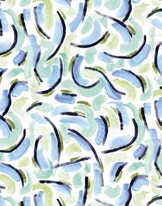 an abstract painting with blue and green paint on white paper, in the shape of wavy lines