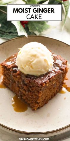 a piece of cake on a plate with ice cream in the middle and text overlay