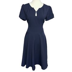 Nwt Miusol Navy Blue Swing Dress Banded Waist Keyhole Neckline With Button Closure Flutter Cap Sleeves With Button Closure Hidden Zipper In The Back Of Dress Flirty, Swing Skirted Bottom Elegant Navy Midi Dress With Buttons, Navy Formal Dress With Button Closure, Formal Navy Dress With Button Closure, Classic Blue V-neck Dress, Keyhole Neckline, Large Size Dresses, Swing Dress, Hidden Zipper, Cap Sleeves