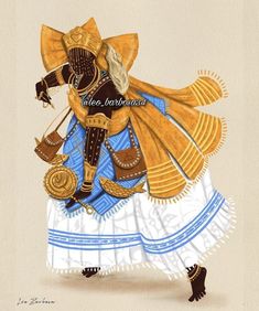 a drawing of a woman dressed in yellow and blue